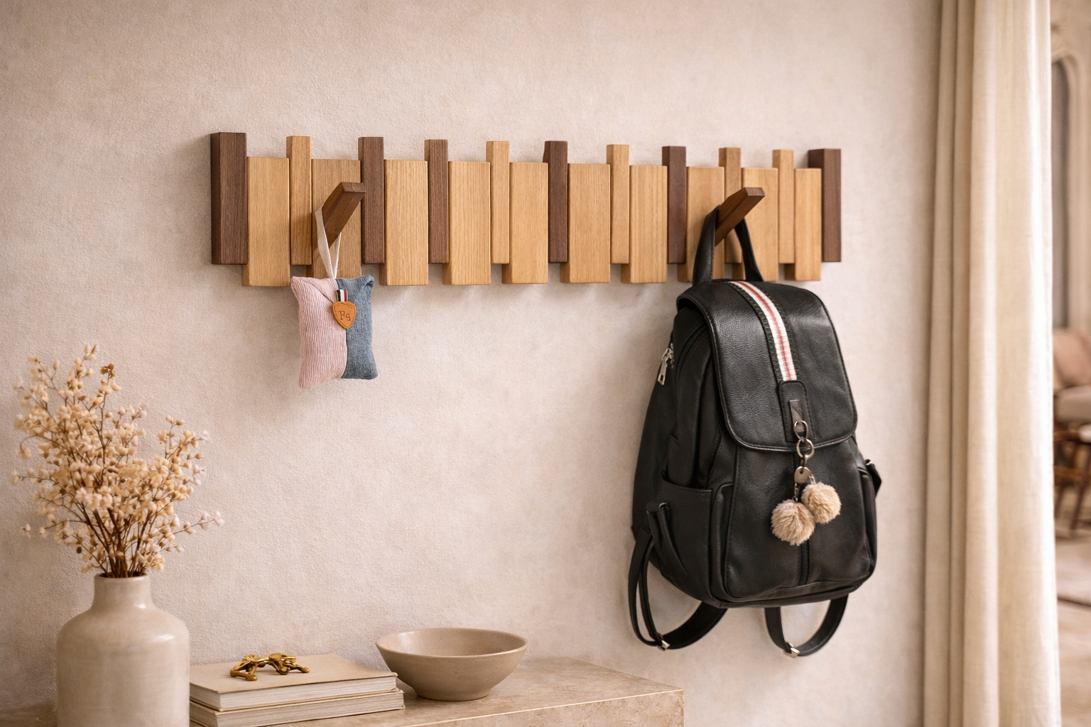 Vestige Solid Wood Wall Coat Rack - Beige/Brown